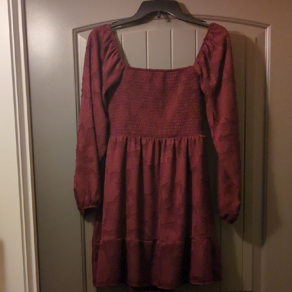 Rue21 Burgundy Long Sleeve Smocked Babydoll Dress